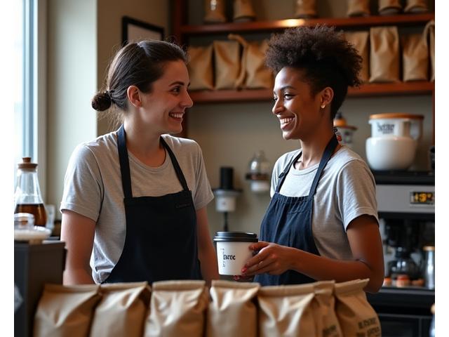 Founders discussing coffee roasting in a warm coffee shop environment